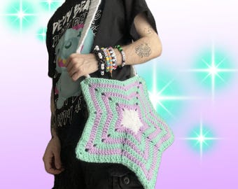 Crochet Mint Green and Purple Star Bag