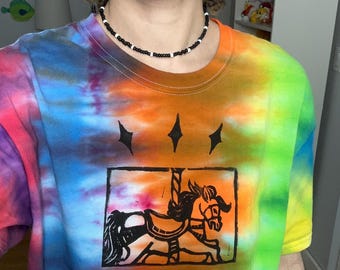 Upcycled Tie-Dye Carousel Horse Block Printed Shirt