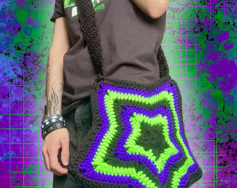 Crochet Neon Green and Purple and Black Scenemo Star Bag