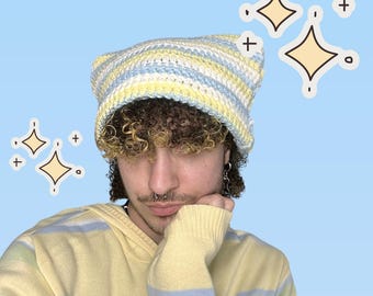 Oversized Soft Pastels Striped Crochet Cat Beanie