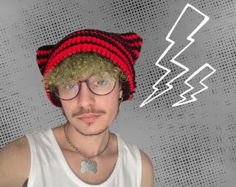 Oversized Black and Red Striped Cat Beanie