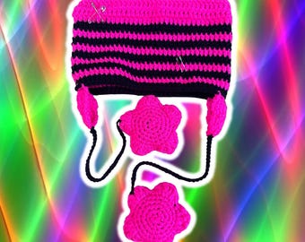 Neon Pink Cat Beanie with Star Tassels