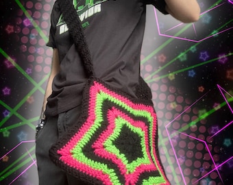Crochet Neon Pink and Green and Black Scenemo Star Bag