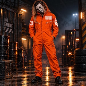 May include: A bright orange jumpsuit featuring a white barcode graphic on the chest, a circular number one emblem on the right sleeve, and a white tribal-style design on the left sleeve. The garment has a collared neckline and multiple pockets.