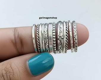 Stacking 925 Sterling Silver Ring Set,Handmade Assorted Patterns, Thin & Thick