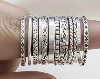 Boho Sterling Silver Stacking Ring Set, Handmade Dotted Rings, Set of 12