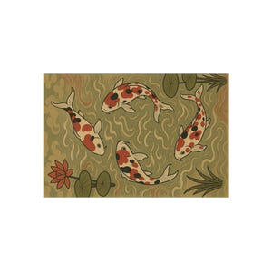 May include: A rectangular print featuring four koi fish in a pond. The fish are orange, black, and white, swimming in a green and tan water background. A red lotus flower and lily pads are in the lower left corner.