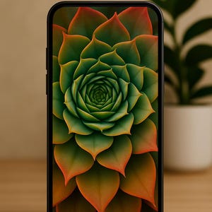 May include: A smartphone displays a close-up of a succulent plant. The image showcases the plant's intricate spiral pattern, with green and orange-tipped leaves. The phone is black and rests on a wooden surface, with a potted plant in the background.