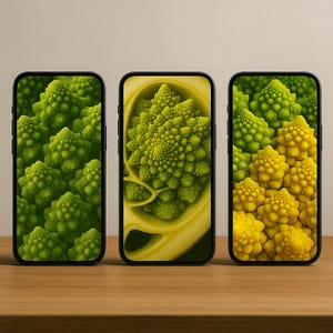 Op de afbeelding: Drie smartphones met close-upbeelden van Romanesco broccoli. De schermen tonen de fractale patronen van de groente, met variaties in groene en gele tinten. De telefoons zijn op een houten oppervlak geplaatst.