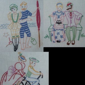 May include: Three embroidered images of couples. The first image shows a couple in bathing suits standing on a beach. The second image shows a couple sitting on a bench. The third image shows a couple riding a bicycle.