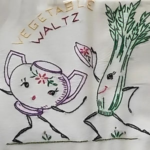 PDF  Kitchen Ball Dancing Vegetables & Pots Tea Towels embroidery pattern V260