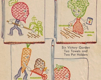 VICTORY GARDEN VEGETABLE kitchen towels embroidery transfer pattern Mc1216