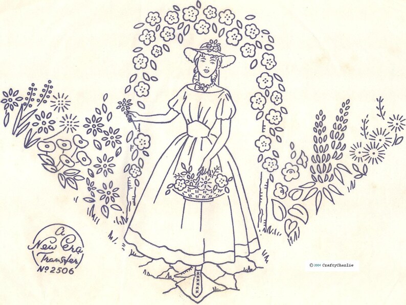 May include: A black and white embroidery pattern of a woman in a dress holding a basket of flowers. The woman is standing under a floral archway. The pattern is labeled "A New Era Transfer N&deg;2506".