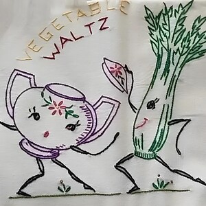 Kitchen Ball Dancing Vegetables & Pots Tea Towels embroidery pattern V260