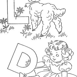 Puede incluir: Una página para colorear en blanco y negro con las letras L y D. La letra L está junto a un cordero mirando a una mariposa. La letra D está junto a una niña con coletas.