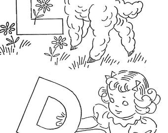 Puede incluir: Una página para colorear en blanco y negro con las letras L y D. La letra L está junto a un cordero mirando a una mariposa. La letra D está junto a una niña con coletas.