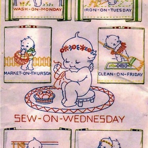 May include: Vintage embroidered fabric panel featuring a series of charming illustrations depicting daily activities. Each square showcases a baby-like figure engaged in tasks like washing, ironing, and baking, with text labels such as "Wash-on-Monday" and "Sew-on-Wednesday".