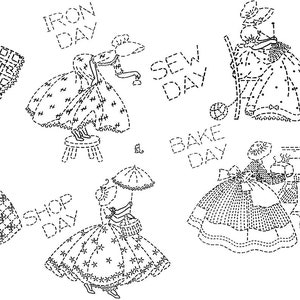 Colonial Lady DOW days of week towel embroidery pattern am3475