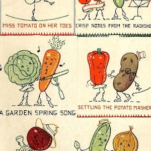 Puede incluir: Una ilustración vintage de verduras tocando instrumentos musicales. Un tomate rojo baila de puntillas, un rábano verde toca el violín, una zanahoria toca la trompeta, un pimiento rojo toca la batería, una patata toca el acordeón, una remolacha toca el batidor y una cebolla llora mientras sostiene un espárrago.