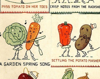 May include: A vintage illustration of vegetables playing musical instruments. A red tomato dances on her toes, a green radish plays the violin, a carrot plays the trumpet, a red pepper plays the drums, a potato plays the accordion, a beet plays the whisk, and an onion cries while holding a stalk of asparagus.