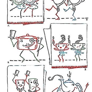 May include: Six black and white illustrations of kitchen items with faces and legs. The illustrations are labeled "Kitchen Revue" and "Six Designs for Dish Towels".