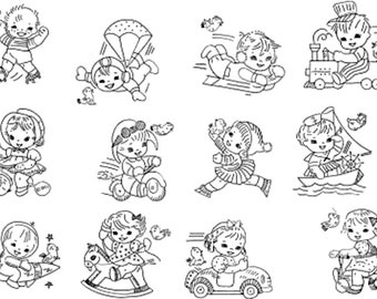 Puede incluir: Ilustraciones en blanco y negro de líneas de arte de niños jugando. Las ilustraciones incluyen niños jugando con un tren de juguete, un barco de juguete, un coche de juguete, un caballo de balancín, un cohete de juguete, un triciclo, un trineo y un paracaídas.