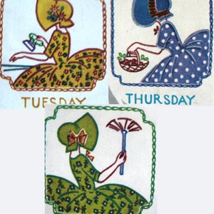May include: Three vintage illustrations of women in dresses and hats. The first woman is holding a small bottle, the second is holding a basket of flowers, and the third is holding a feather duster. The illustrations are framed with a decorative border and each has a day of the week written below: Tuesday, Thursday, and Friday.