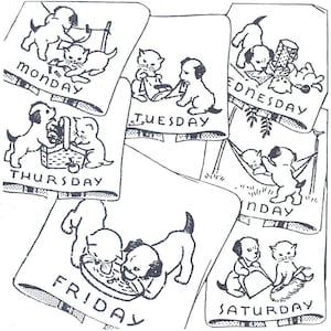 Puppy Dogs Kittens Cats DOW  days of week Dish Towels embroidery pattern mo1563