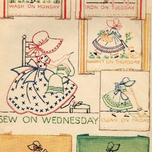 Bonnet / Sunbonnet Girls DOW days of week TOWELS embroidery pattern Mc120