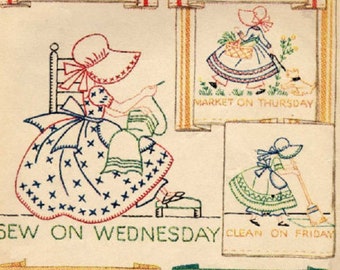 Bonnet / Sunbonnet Girls DOW days of week TOWELS embroidery pattern PDF download Mc120