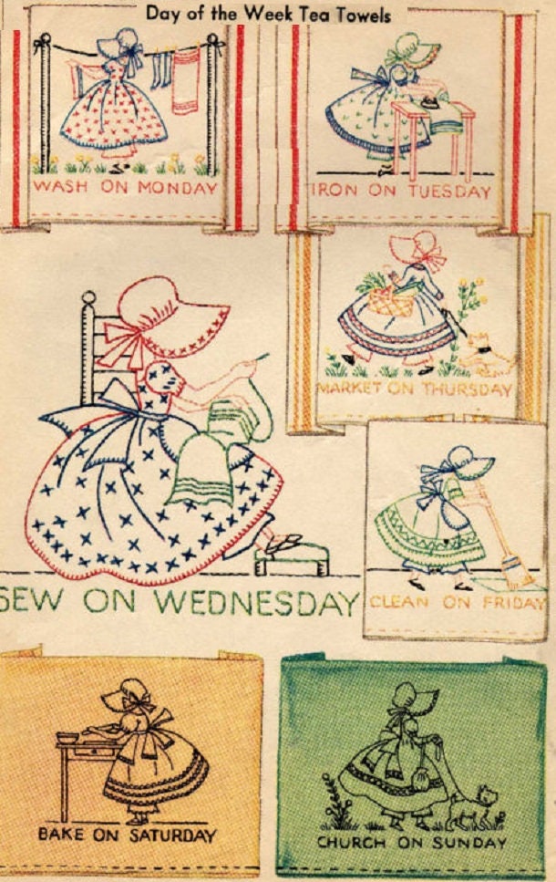 Bonnet / Sunbonnet Girls DOW days of week TOWELS embroidery pattern Mc120
