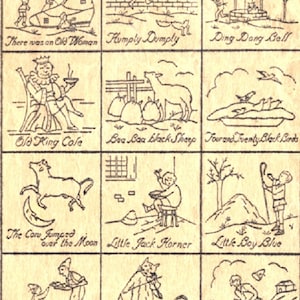 Może przedstawiać: Czarno-biała ilustracja dziewięciu scen z rymowanek dla dzieci. Sceny obejmują "There was an Old Woman", "Humpty Dumpty", "Ding Dong Bell", "Old King Cole", "Baa Baa Black Sheep", "Four and Twenty Black Birds", "The Cow Jumped Over the Moon", "Little Jack Horner", "Little Boy Blue", "Simple Simon met a Pieman", "The Cat and the Fiddle" oraz "Tom Tom the Piper's Son".