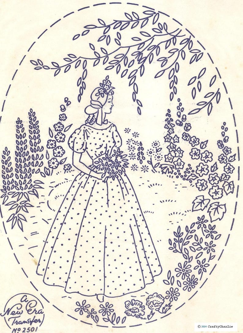 May include: A black and white embroidery pattern of a woman in a dotted dress holding a bouquet of flowers, standing under a tree with flowers and leaves. The pattern is labeled "A New Era Transfer No. 2501".