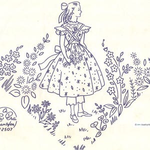 May include: A black and white line drawing of a girl in a dress with a bow in her hair. She is standing in a field of flowers. The image is labeled "A New Era Transfer" and "No. 2507".