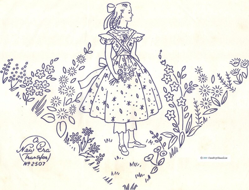 May include: A black and white line drawing of a girl in a dress with a bow in her hair. She is standing in a field of flowers. The image is labeled "A New Era Transfer" and "No. 2507".
