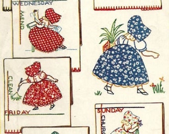 Bonnet / Sunbonnet Girls DOW days of week TOWELS embroidery pattern Mc180