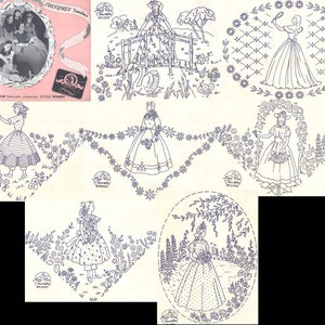 May include: A set of eight vintage embroidery patterns featuring girls in dresses and floral designs. The patterns are printed on white paper with blue ink. The patterns are titled "Little Women Costumes Transfers" and are inspired by the MGM Technicolor production "Little Women".