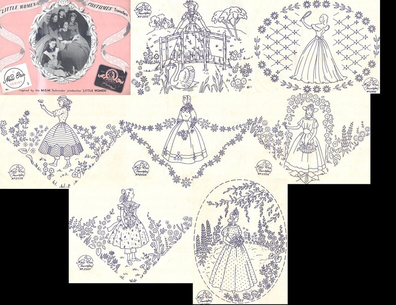 May include: A set of eight vintage embroidery patterns featuring girls in dresses and floral designs. The patterns are printed on white paper with blue ink. The patterns are titled "Little Women Costumes Transfers" and are inspired by the MGM Technicolor production "Little Women".