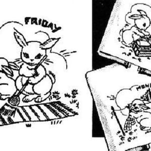 Peut inclure: Illustration en noir et blanc de lapins balayant un tapis. Les lapins tiennent des balais et balaient un tapis rayé. Le texte "FRIDAY" est écrit au-dessus des lapins.