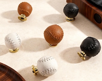 Leather Drawer Knob: Baseball-Style Stitched Round Knobs,Cabinet Handles