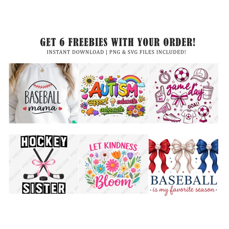 Puede incluir: Una colecci&oacute;n digital de seis dise&ntilde;os gr&aacute;ficos con texto e ilustraciones que incluyen una camiseta de baseball mama, arte de concienciaci&oacute;n sobre el autismo, iconos deportivos, gr&aacute;ficos de hockey sister, arte floral y lazos de b&eacute;isbol con el texto Baseball is my favorite season.