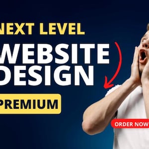 Może przedstawiać: Obraz promocyjny z tekstem "NEXT LEVEL WEBSITE DESIGN PREMIUM". Mężczyzna w białej koszulce jest pokazany z zaskoczoną miną. Czerwona strzałka wskazuje na mężczyznę. Słowa "ORDER NOW" znajdują się w czerwonym przycisku.