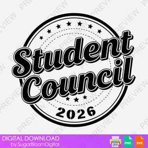 Op de afbeelding: Een zwart-wit Student Council-afbeelding met de woorden "Student Council" in een vet, gestileerd lettertype. Het jaar "2026" staat onder de tekst, binnen een cirkelvormig ontwerp met sterren.