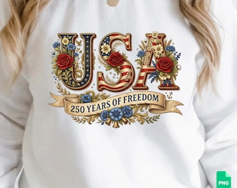 USA Floral PNG, Patriotic Flower Design, America 250 Years Freedom (Digital Download)