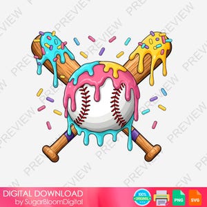 May include: A playful illustration depicts a baseball with pink, yellow, and blue dripping icing, crossed with two wooden baseball bats. Colourful sprinkles are scattered around the baseball and bats. The image has the text "DIGITAL DOWNLOAD by SugarBloomDigital".