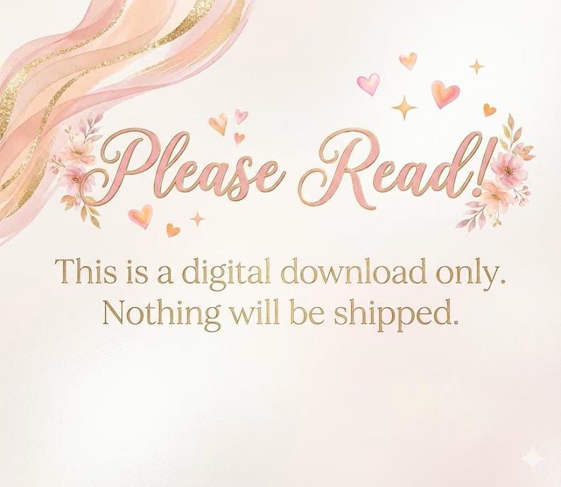 Puede incluir: Un gr&aacute;fico digital con el texto Please Read! This is a digital download only. Nothing will be shipped. El dise&ntilde;o incluye ondas de acuarela rosa suave, peque&ntilde;os detalles florales e iconos de corazones y estrellas sobre un fondo claro.