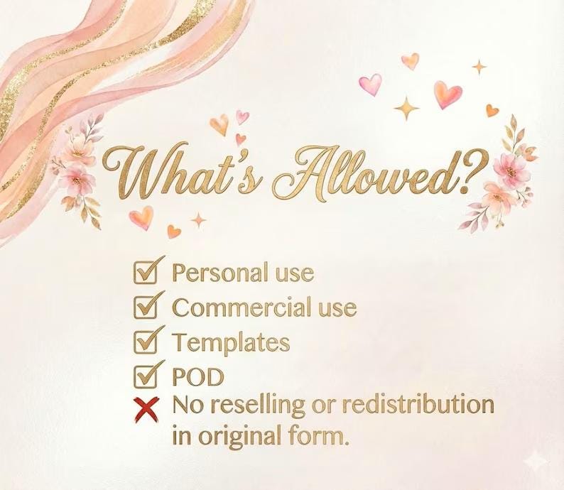Puede incluir: Un gr&aacute;fico digital con el texto dorado What's Allowed? decorado con flores rosas y corazones. Incluye marcas de verificaci&oacute;n para uso personal, comercial, plantillas y POD, con una X roja para prohibir la reventa o redistribuci&oacute;n original.