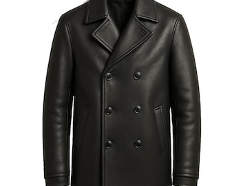May include: A black leather double-breasted coat with a notched collar and two rows of buttons. The coat has two front pockets and long sleeves. The coat is a classic style.