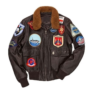 Handcrafted Men’s Brown Leather Bomber Jacket –  T- G Cruise Inspired Vintage Military Style Aviator Coat With Patches New year Gift
