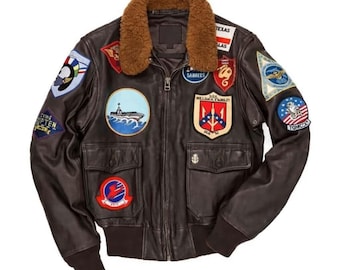 Handcrafted Men’s Brown Leather Bomber Jacket –  T- G Cruise Inspired Vintage Military Style Aviator Coat With Patches New year Gift